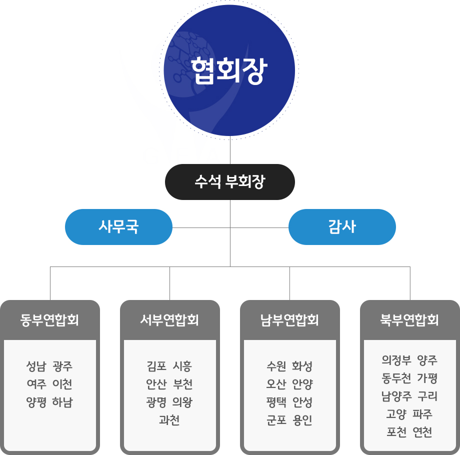 협회장 수석 부회장 사무국 감사 동부연합회 서부연합회 남부연합회 북부연합회